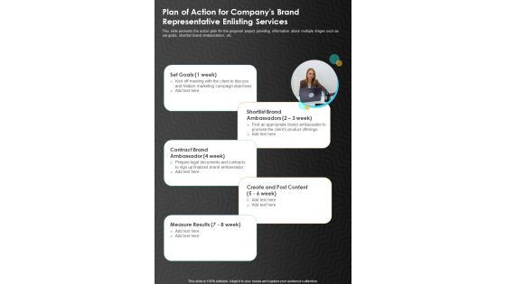 Plan Of Action For Companys Brand Representative One Pager Sample Example Document
