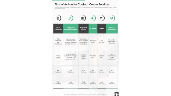 Plan Of Action For Contact Center Services One Pager Sample Example Document