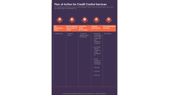 Plan Of Action For Credit Control Services One Pager Sample Example Document