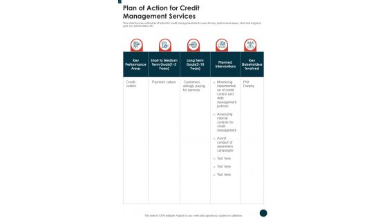 Plan Of Action For Credit Management Services One Pager Sample Example Document