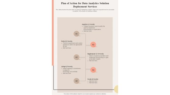 Plan Of Action For Data Analytics Solution Deployment One Pager Sample Example Document