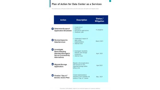 Plan Of Action For Data Center As A Services One Pager Sample Example Document