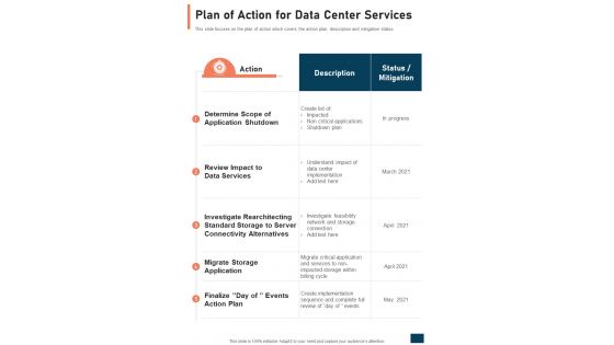 Plan Of Action For Data Center Services One Pager Sample Example Document