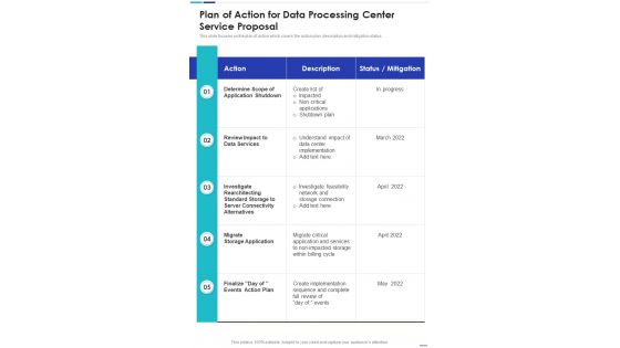 Plan Of Action For Data Processing Center Service Proposal One Pager Sample Example Document