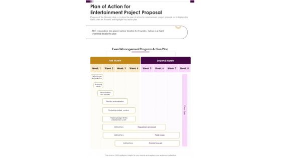 Plan Of Action For Entertainment Project Proposal One Pager Sample Example Document