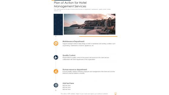 Plan Of Action For Hotel Management Services One Pager Sample Example Document