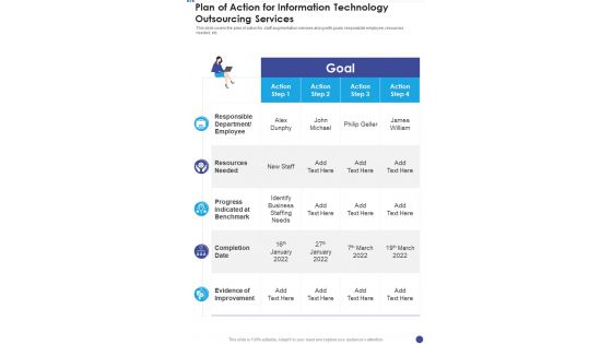 Plan Of Action For Information Technology Outsourcing Services One Pager Sample Example Document
