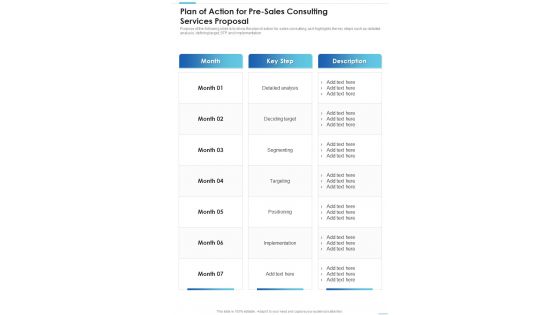 Plan Of Action For Pre Sales Consulting Services Proposal One Pager Sample Example Document