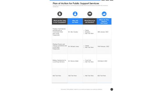 Plan Of Action For Public Support Services One Pager Sample Example Document
