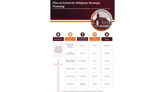 Plan Of Action For Religious Strategic Planning One Pager Sample Example Document