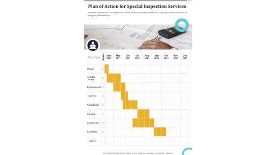 Plan Of Action For Special Inspection Services One Pager Sample Example Document