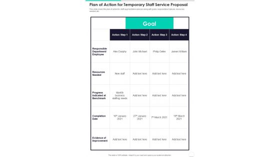 Plan Of Action For Temporary Staff Service Proposal One Pager Sample Example Document