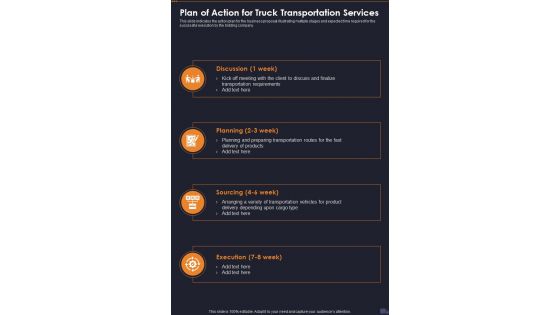 Plan Of Action For Truck Transportation Services One Pager Sample Example Document