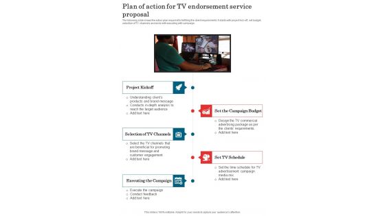 Plan Of Action For Tv Endorsement Service Proposal One Pager Sample Example Document