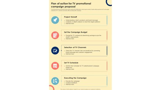 Plan Of Action For TV Promotional Campaign Proposal One Pager Sample Example Document