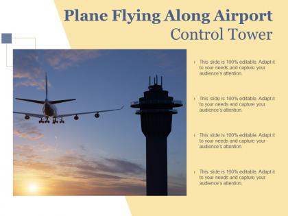 Plane flying along airport control tower