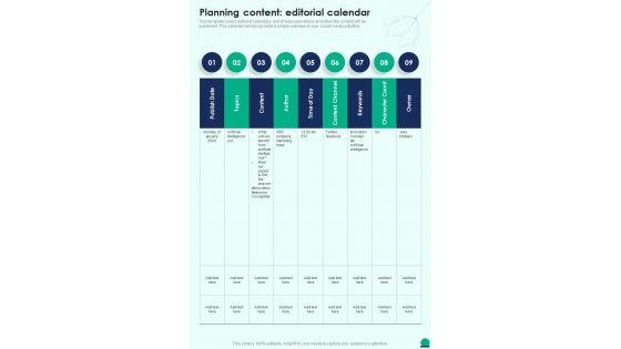Planning Content Editorial Calendar Social Media Playbook One Pager Sample Example Document
