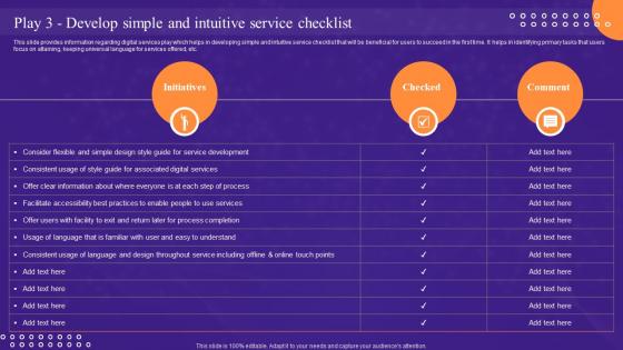 Play 3 Develop Simple And Intuitive Service Checklist Leadership Playbook For Digital Transformation