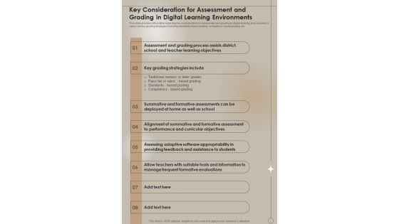 Playbook Key Consideration For Assessment And Grading In Digital Learning One Pager Sample Example Document