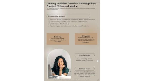 Playbook Learning Institution Overview Message From Principal Vision And Mission One Pager Sample Example Document