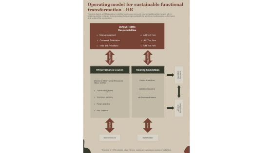 Playbook Operating Model For Sustainable Functional Transformation Hr One Pager Sample Example Document