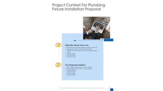 Plumbing Fixture Installation Proposal For Project Context One Pager Sample Example Document