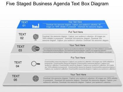 Pn five staged business agenda text box diagram powerpoint template