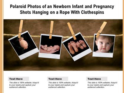 Polaroid photos of an newborn infant and pregnancy shots hanging on a rope with clothespins