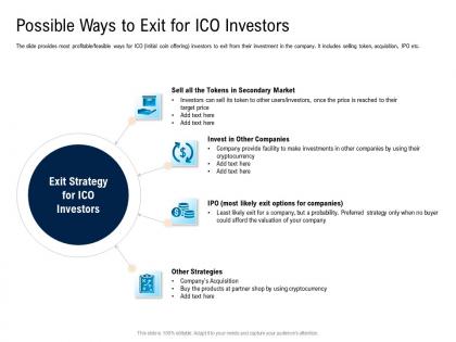 Possible ways to exit for ico investors pitch deck for cryptocurrency funding ppt introduction