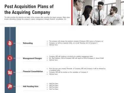 Post acquisition plans of the acquiring company pitchbook for acquisition deal ppt elements