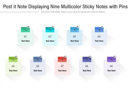 Post it note displaying nine multicolor sticky notes with pins