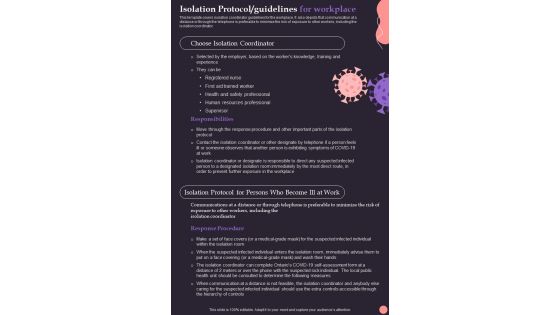 Post Pandemic Business Isolation Protocol Guidelines For Workplace One Pager Sample Example Document