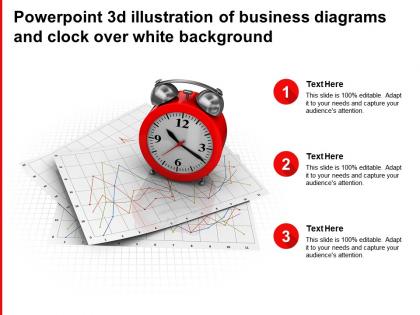 Powerpoint 3d illustration of business diagrams and clock over white background