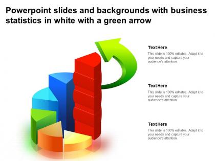 Powerpoint slides and backgrounds with business statistics in white with a green arrow