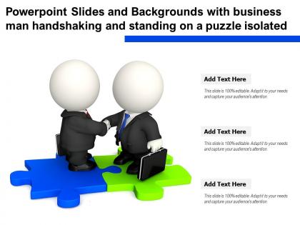 Powerpoint slides with business man handshaking and standing on a puzzle isolated