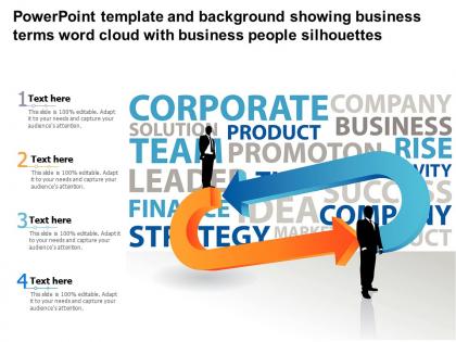 Powerpoint template and background showing business terms word cloud with business people silhouettes