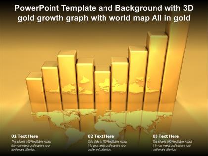 Powerpoint template and background with 3d gold growth graph with world map all in gold