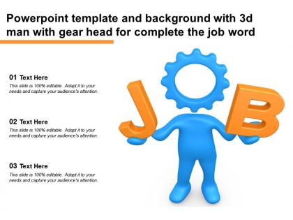 Powerpoint template and background with 3d man with gear head for complete the job word