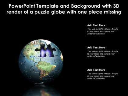 Powerpoint template and background with 3d render of a puzzle globe with one piece missing