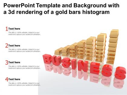 Powerpoint template and background with a 3d rendering of a gold bars histogram