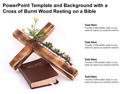 Powerpoint template and background with a cross of burnt wood resting on a bible