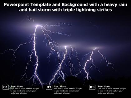 Powerpoint template and background with a heavy rain and hail storm with triple lightning strikes