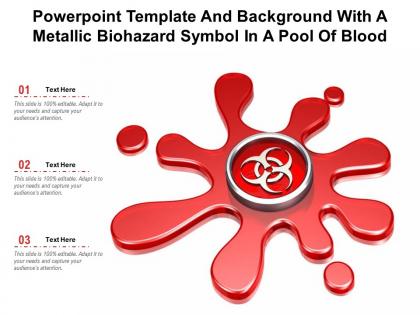 Powerpoint template and background with a metallic biohazard symbol in a pool of blood