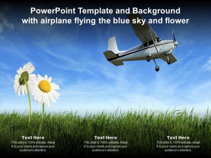 Powerpoint template and background with airplane flying the blue sky and flower