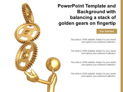 Powerpoint template and background with balancing a stack of golden gears on fingertip