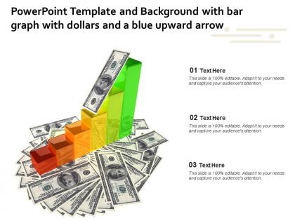 Powerpoint template and background with bar graph with dollars and a blue upward arrow