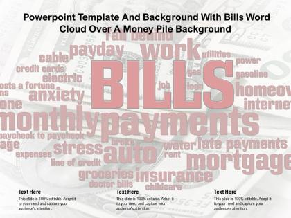 Powerpoint template and background with bills word cloud over a money pile