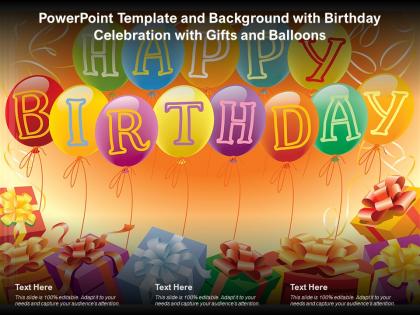 Powerpoint template and background with birthday celebration with gifts and balloons