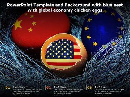 Powerpoint template and background with blue nest with global economy chicken eggs