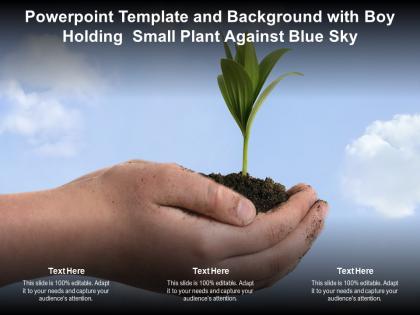 Powerpoint template and background with boy holding small plant against blue sky